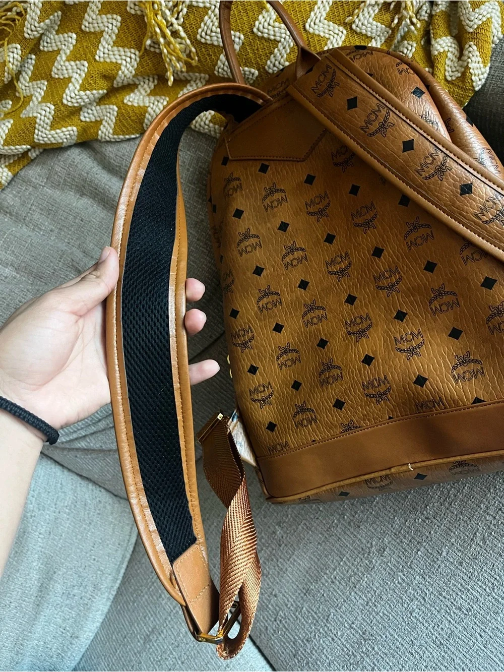 MCM Cognac Logo Visetos Backpack with Gold Hardware